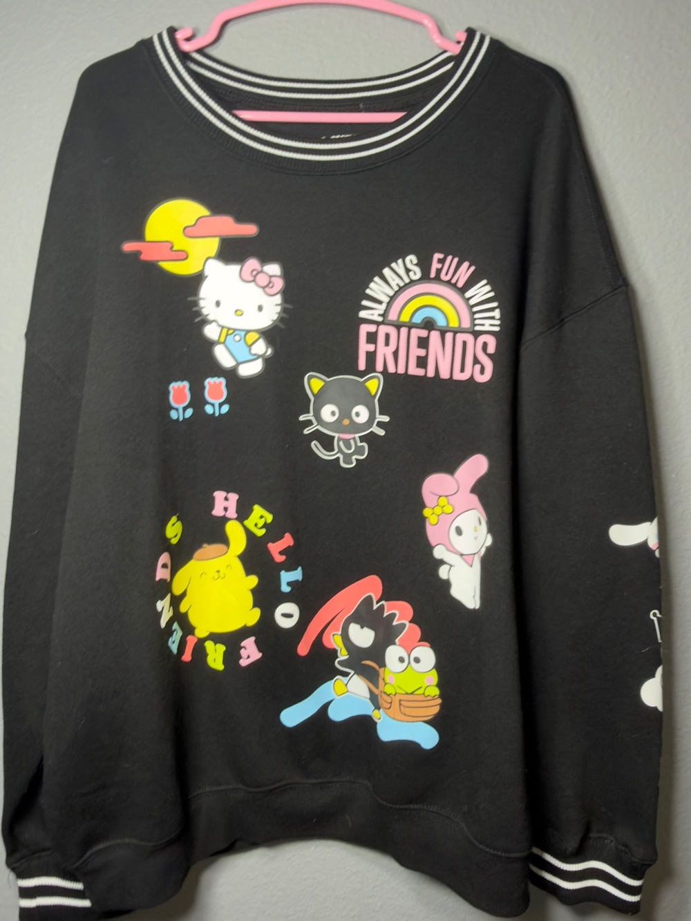 Sanrio Black Crewneck Pullover with Multicolor Character Prints
